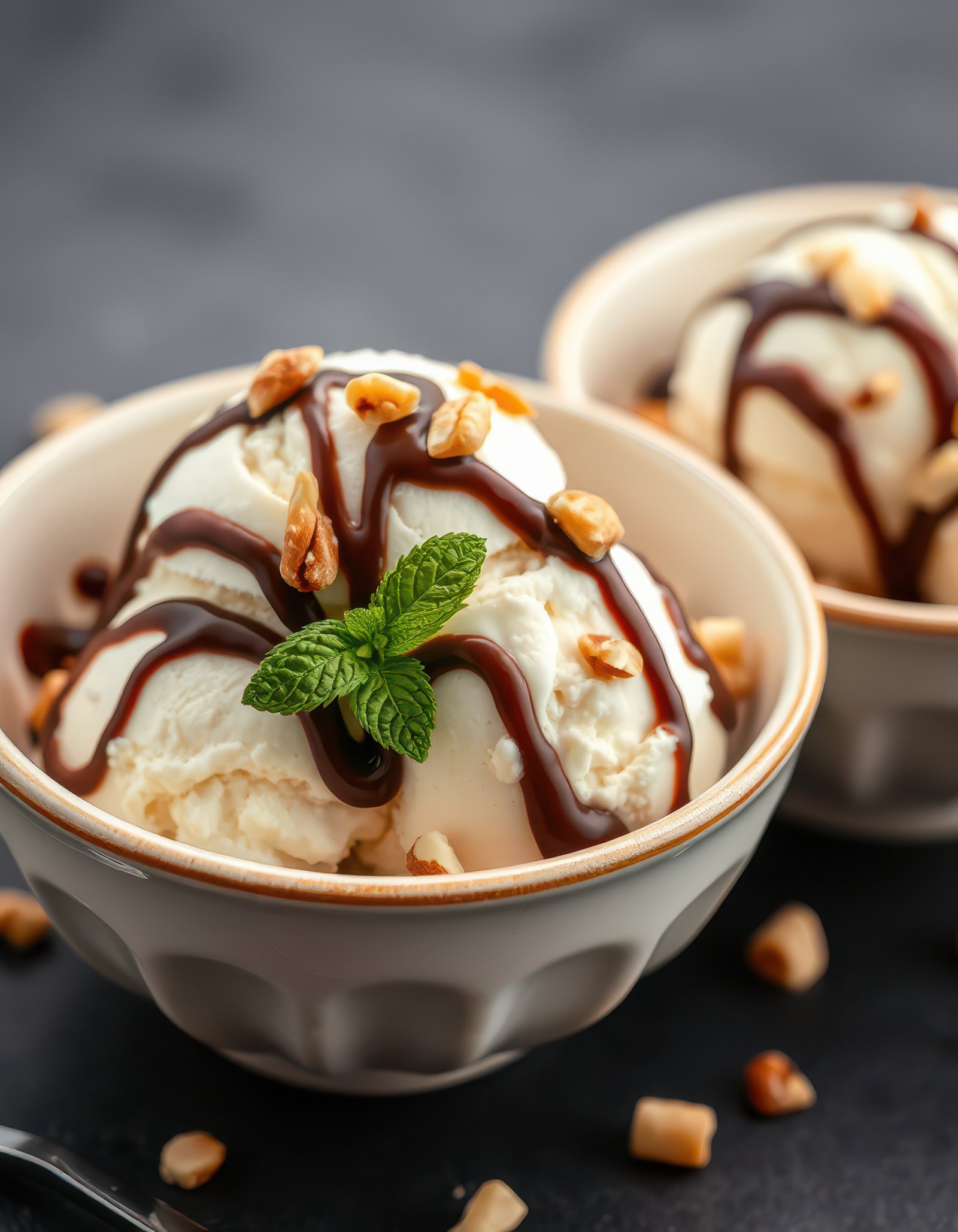 Delicious ice cream topped with chocolate syrup and nuts served in elegant bowls